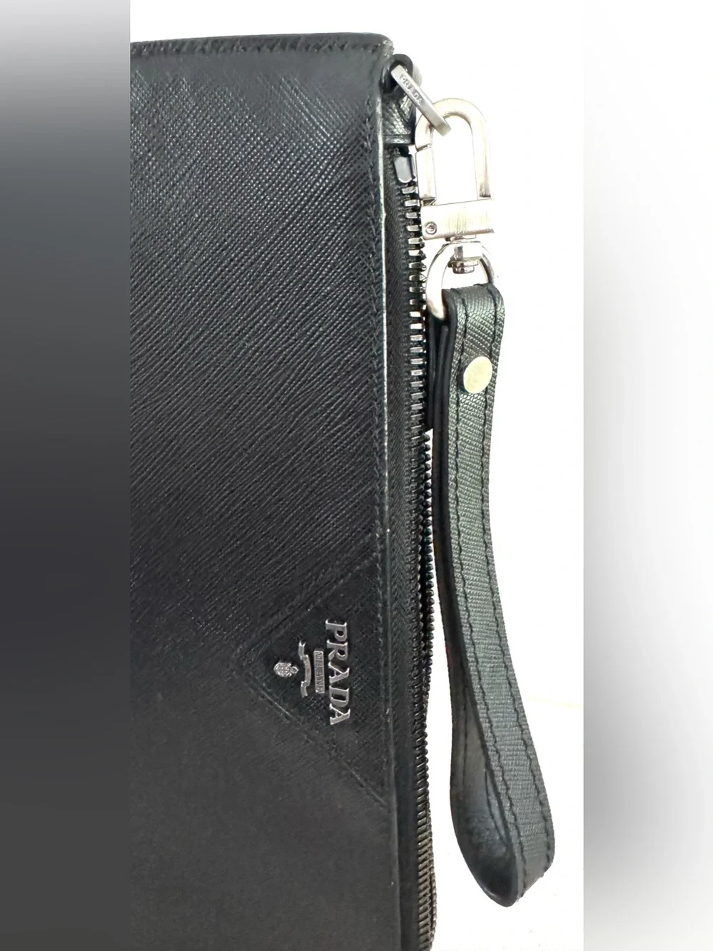 PRADA Black Saffiano Leather Wristlet Clutch Document Pouch Unisex